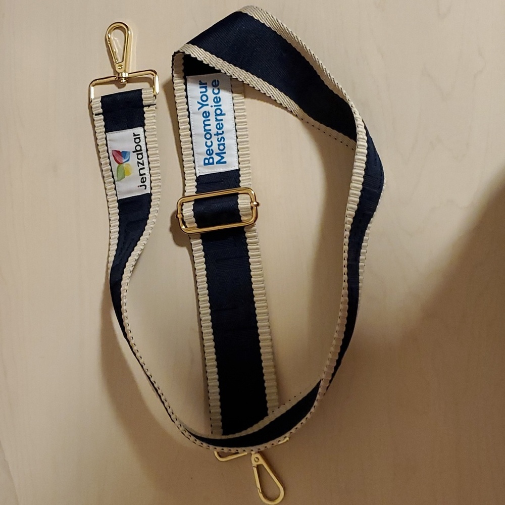 Navy Cloth Luggage Strap with White Border and Gold Clasps